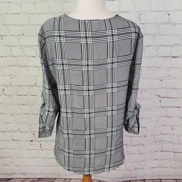 Black White Plaid Wrap Top M W5 - Picture 4 of 6